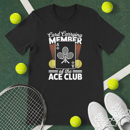 Black t-shirt with the text 'Card Carrying MEMBER of the ACE CLUB' and a graphic of playing cards and tennis balls.