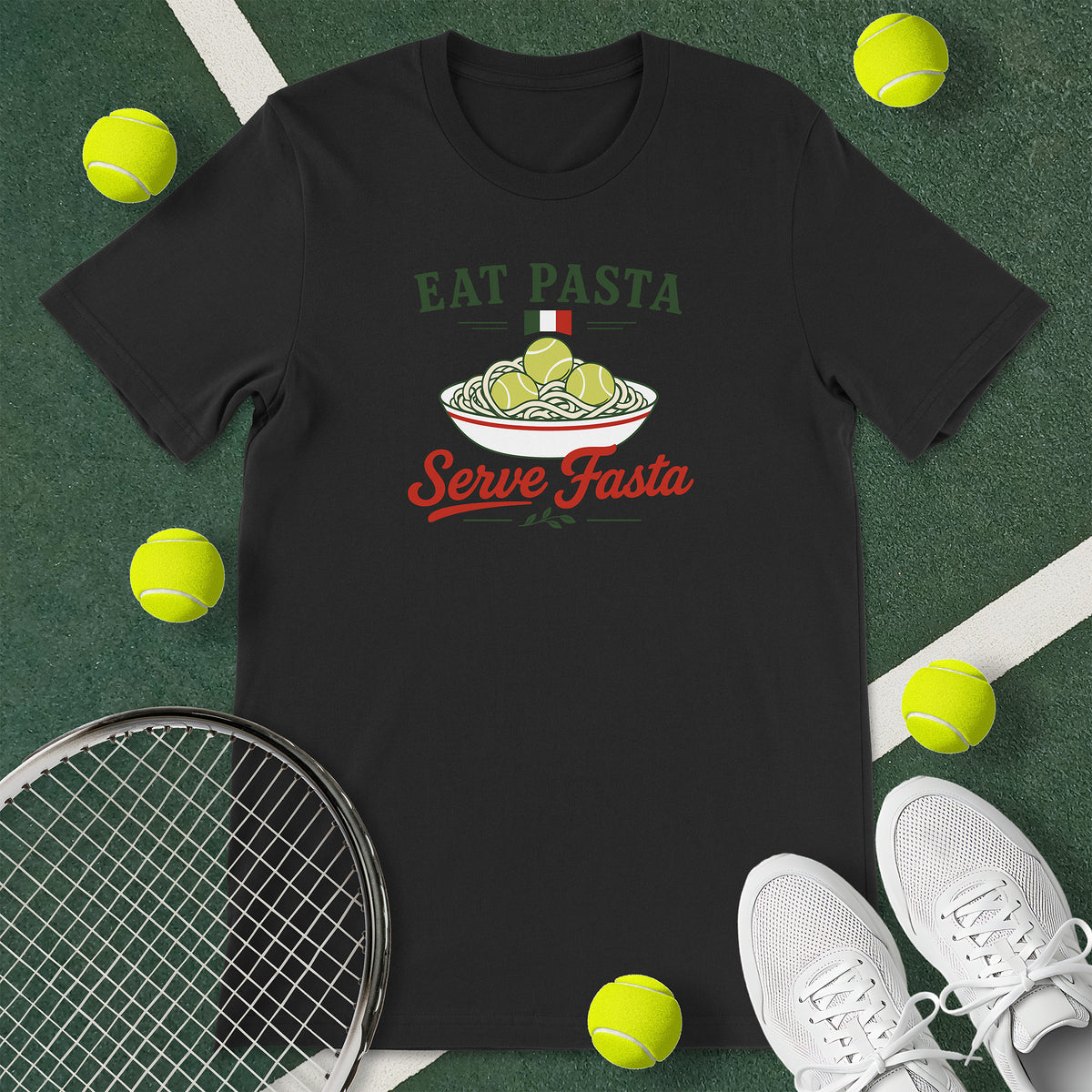 Black t-shirt with the text 'EAT PASTA Serve Fasta' and a graphic of a bowl of spaghetti with tennis balls instead of meatballs.