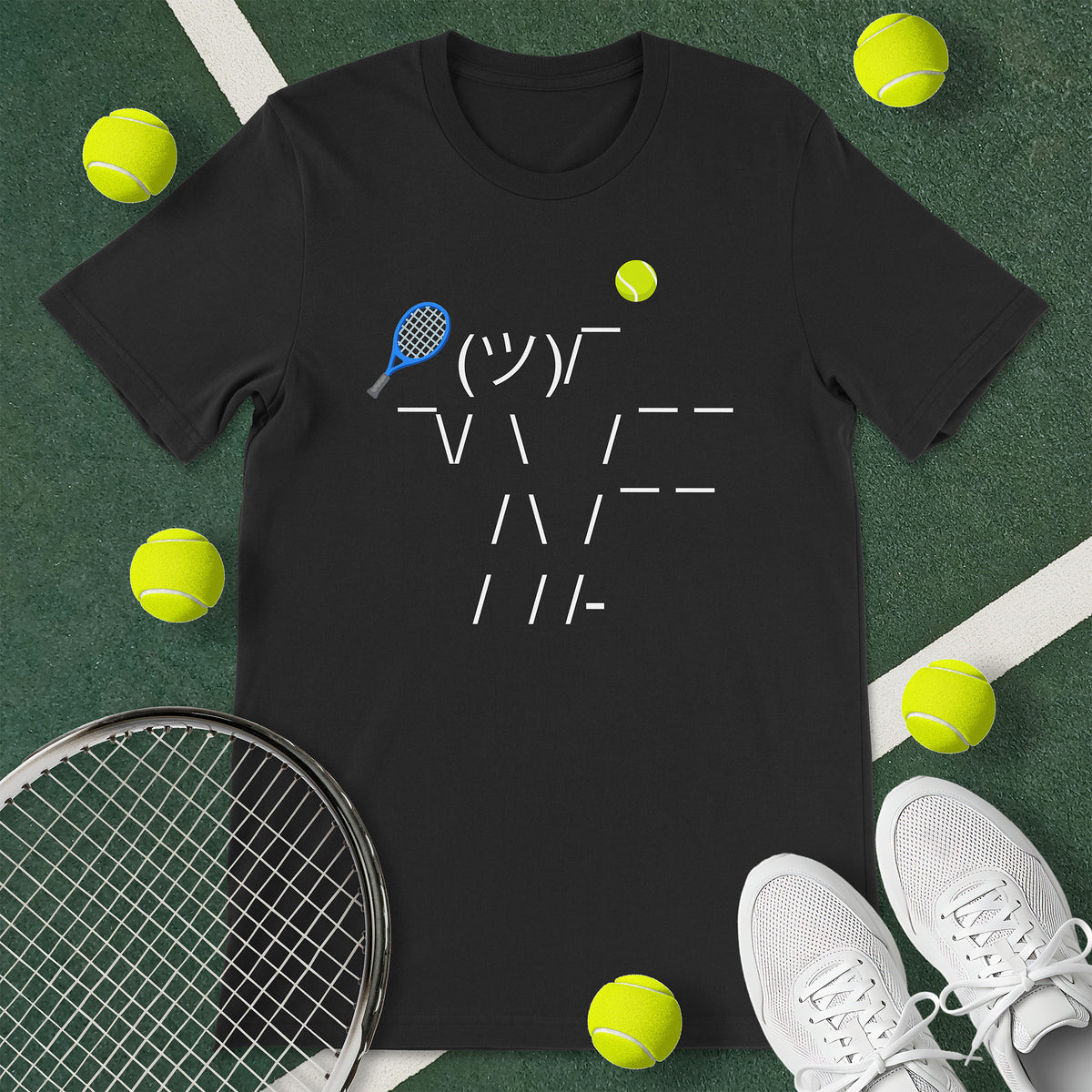 Black t-shirt with a graphic of an emoticon. The emoticon is of a person serving a tennis ball. 