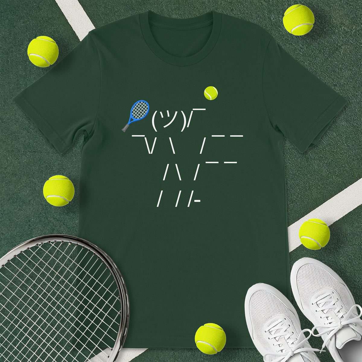 Forest green t-shirt with a graphic of an emoticon. The emoticon is of a person serving a tennis ball. 