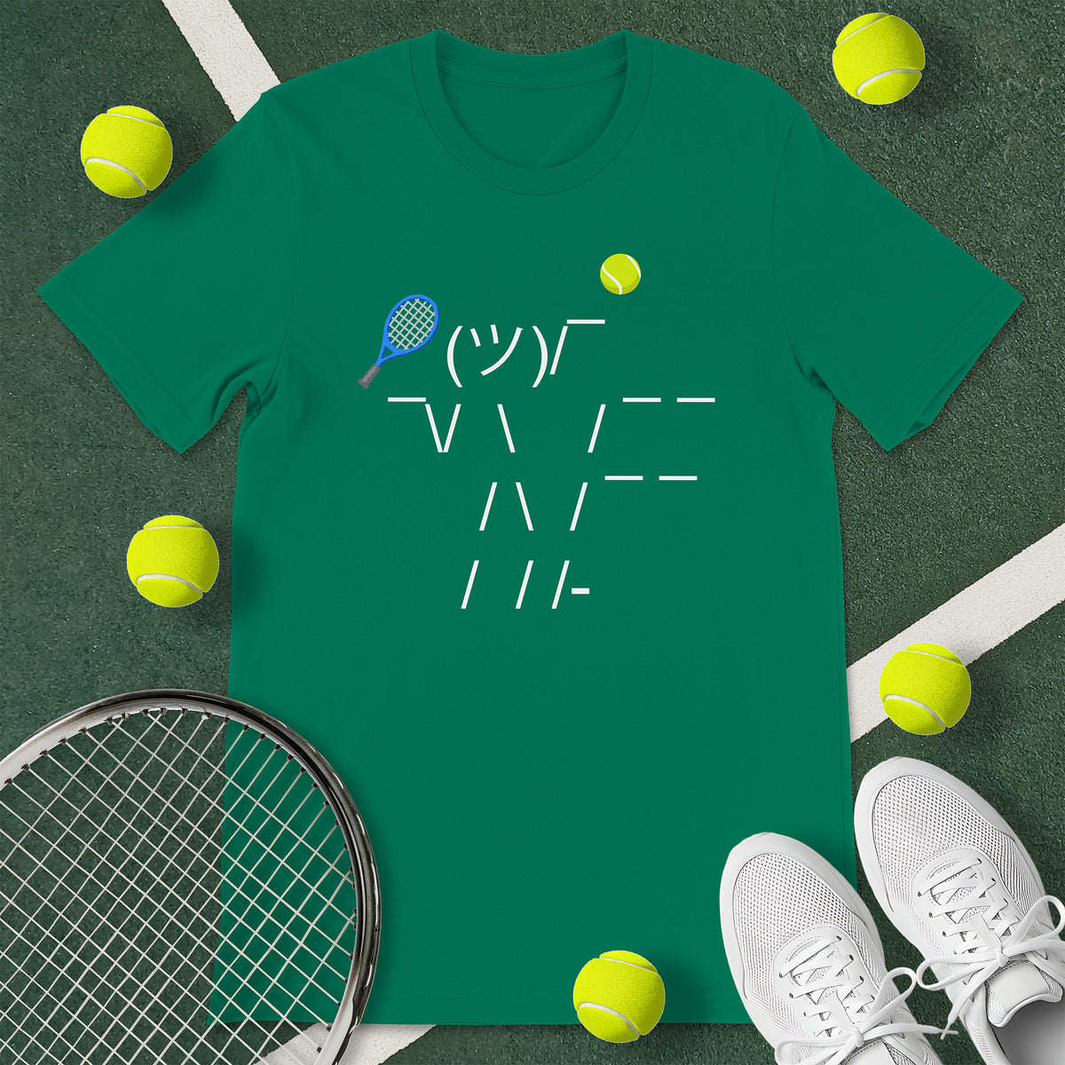 Kelly green t-shirt with a graphic of an emoticon. The emoticon is of a person serving a tennis ball. 