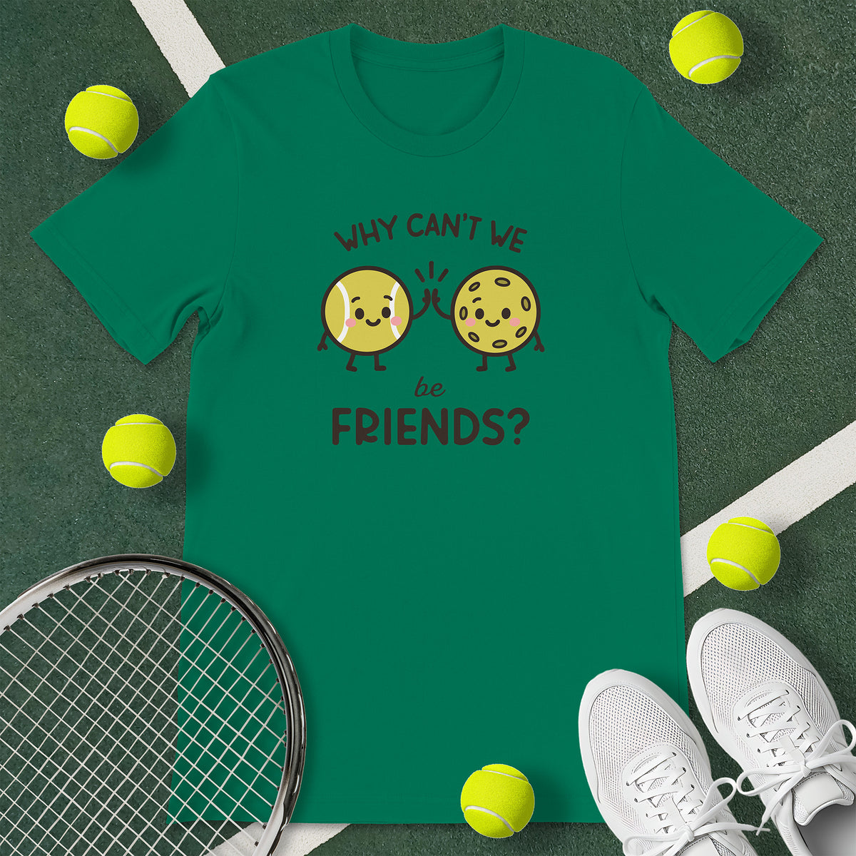 Kelly green t-shirt with the text 'WHY CAN'T WE be FRIENDS' and a graphic of a bowl of a tennis ball high-fiving a pickleball.