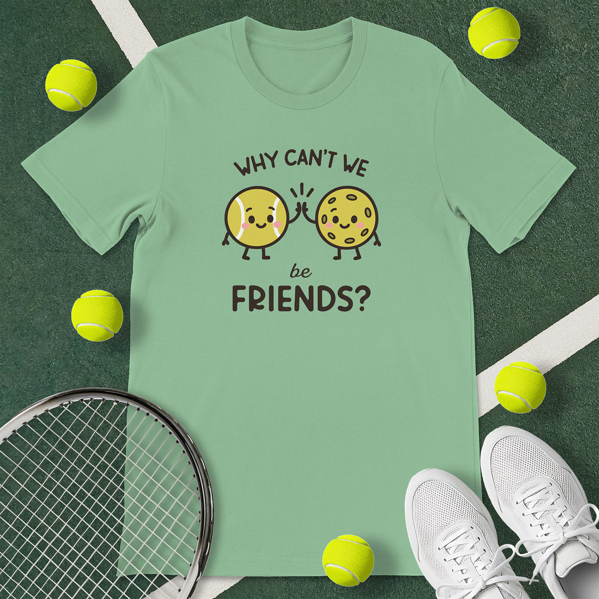 Mint green t-shirt with the text 'WHY CAN'T WE be FRIENDS' and a graphic of a bowl of a tennis ball high-fiving a pickleball.