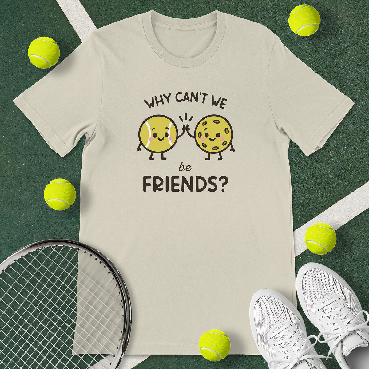 Off-white t-shirt with the text 'WHY CAN'T WE be FRIENDS' and a graphic of a bowl of a tennis ball high-fiving a pickleball.