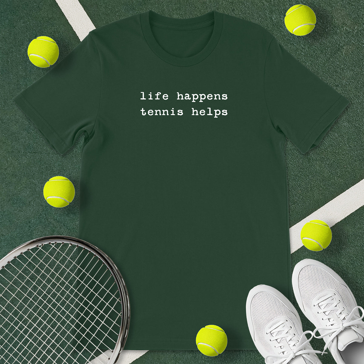 Life Happens Tennis Helps Text T-Shirt